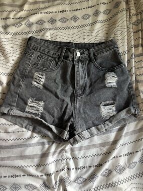 Distressed High-Waist Black Denim Shorts